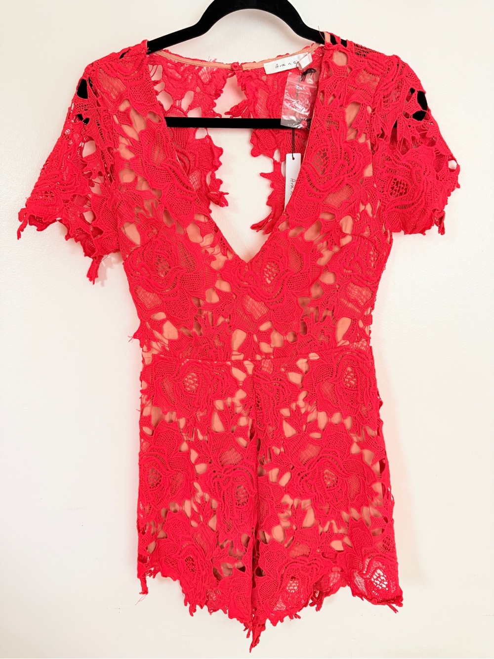 NWT Ark & Co Crochet Lace Bright Orange V-Neck Romper Sz S